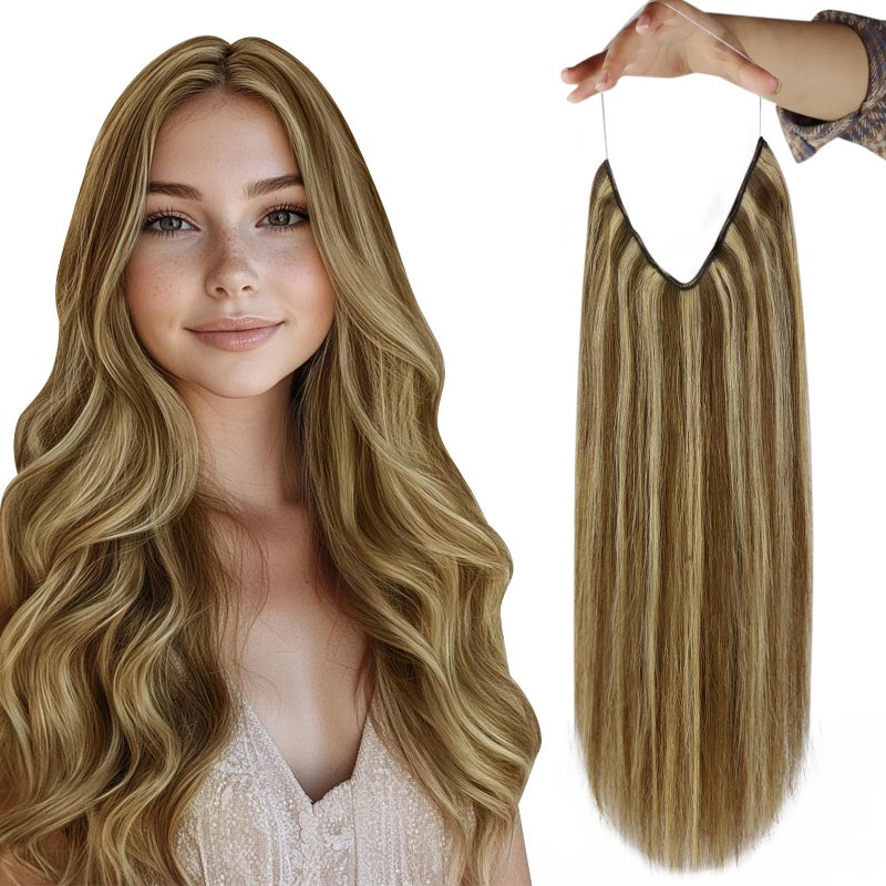 Fshine Wire Extensions Human Hair Medium Brown Highlighted Honey Blonde Secret Wire Hair Extensions Fish Line One Piece Extensions Clip in 12 Inch 70G
